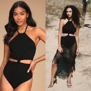 Lulus | Risque Business Black Ribbed Knot-Front Halter Bodysuit